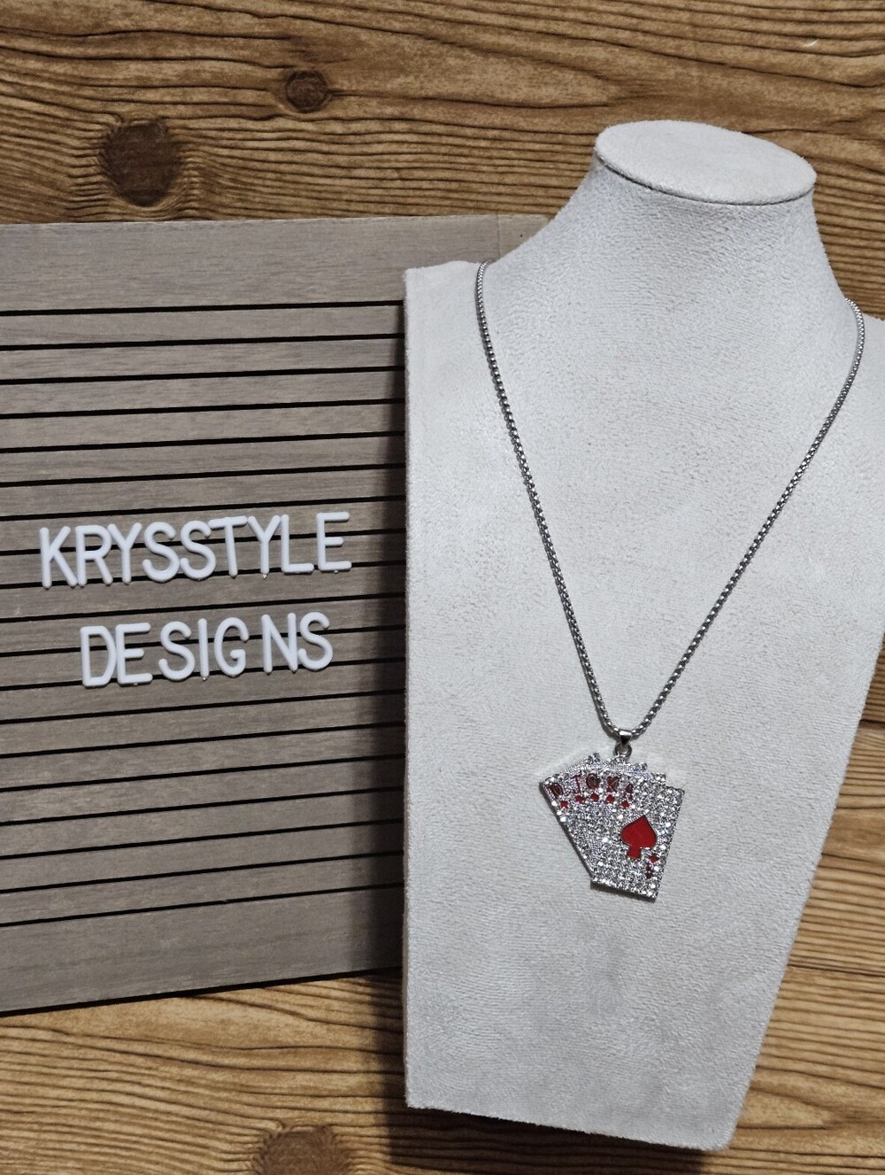 Red Spade Royal Flush Sparkly Crystal Playing Card Necklace Poker Casino